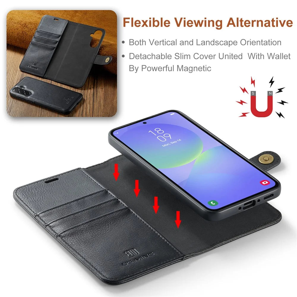 DG.MING for Samsung Galaxy A37 5G Leather Wallet Case Detachable 2 in 1 Split Leather Phone Cover - Black - 6