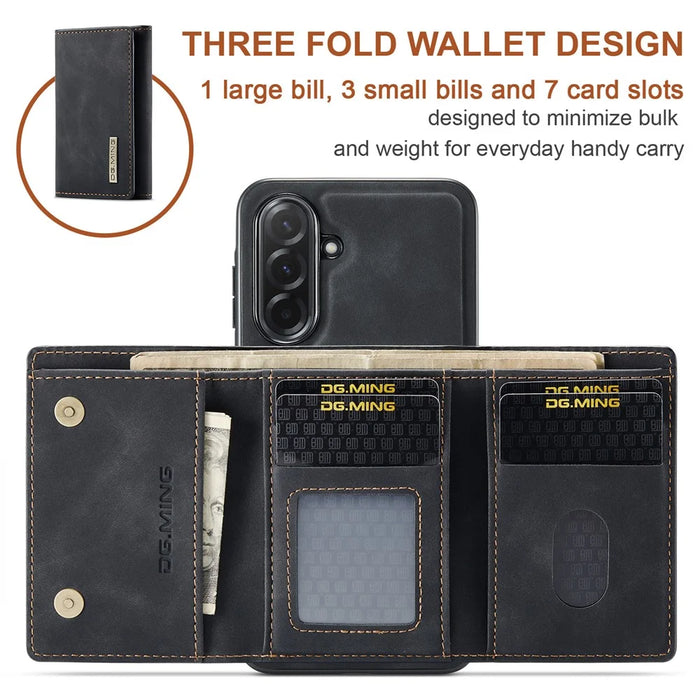 DG.MING M1 Series for Samsung Galaxy A37 5G Phone Case PU + TPU + PC Back Cover with Magnetic Tri-Fold Wallet Kickstand - Black - 7