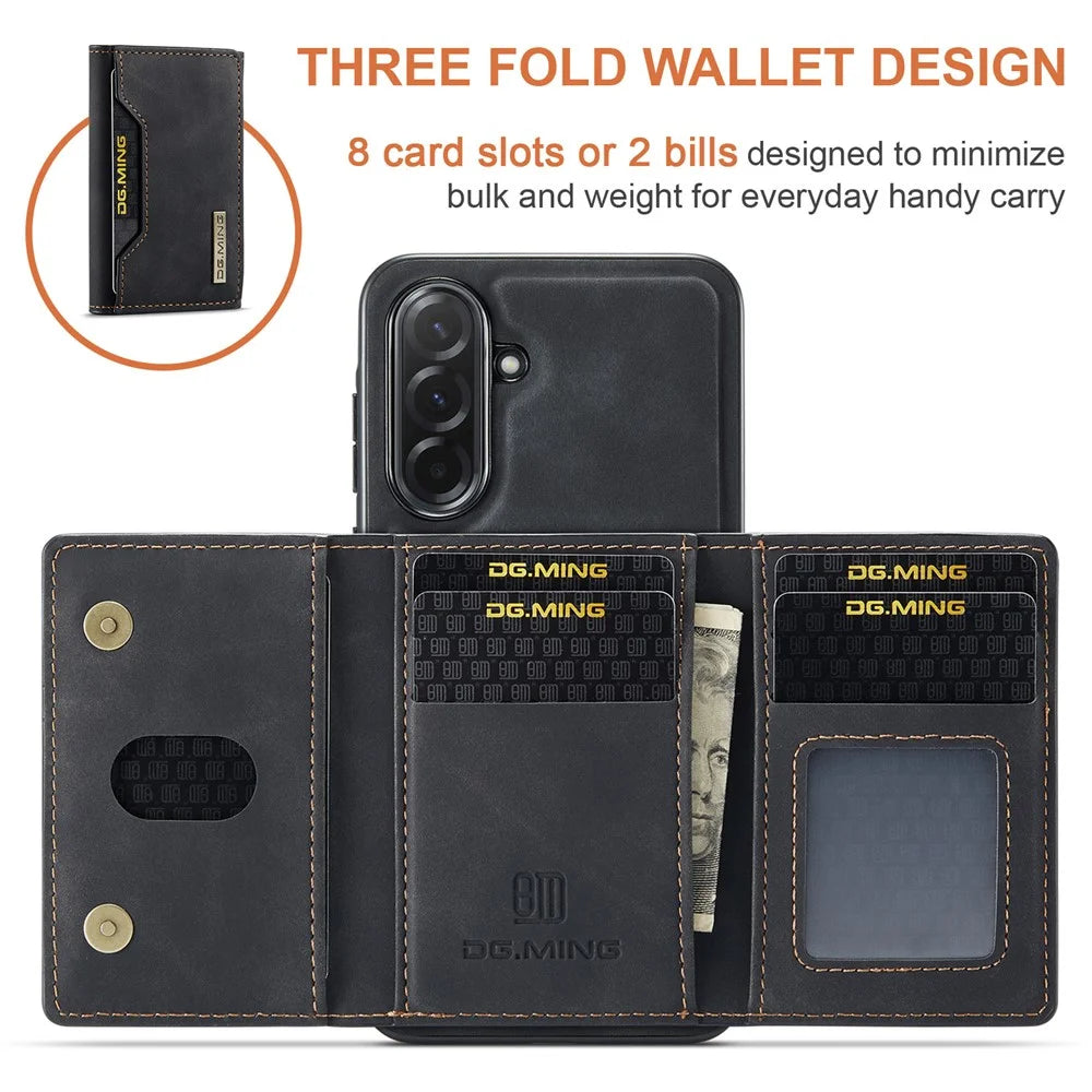 DG.MING M2 Series for Samsung Galaxy A57 5G Magnetic Case PU + PC + TPU Phone Cover Detachable Wallet Kickstand - Black - 6