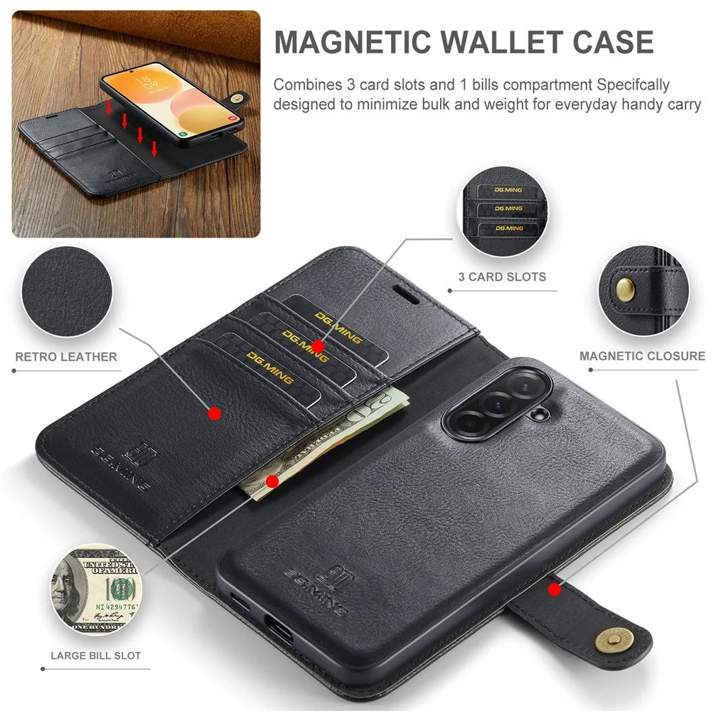 DG.MING for Samsung Galaxy A57 5G Leather Wallet Case Detachable 2 in 1 Split Leather Phone Cover - Black - 5