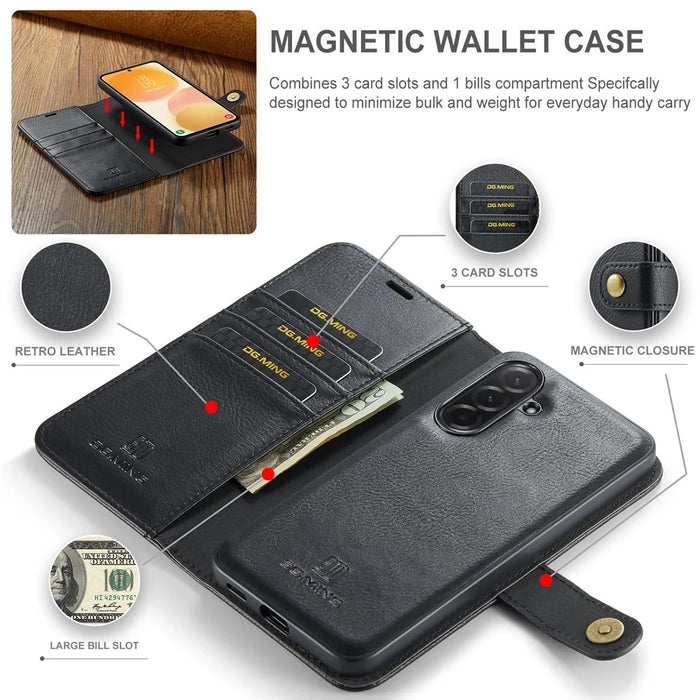 DG.MING for Samsung Galaxy A57 5G Leather Wallet Case Detachable 2 in 1 Split Leather Phone Cover - Black - 5