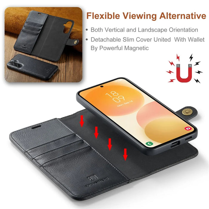 DG.MING for Samsung Galaxy A57 5G Leather Wallet Case Detachable 2 in 1 Split Leather Phone Cover - Black - 6