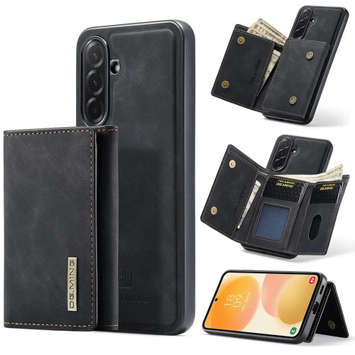 DG.MING M1 Series for Samsung Galaxy A57 5G Phone Case PU + TPU + PC Back Cover with Magnetic Tri-Fold Wallet Kickstand - Black - 1