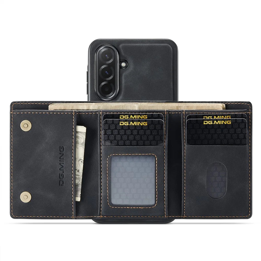 DG.MING M1 Series for Samsung Galaxy A57 5G Phone Case PU + TPU + PC Back Cover with Magnetic Tri-Fold Wallet Kickstand - Black - 2