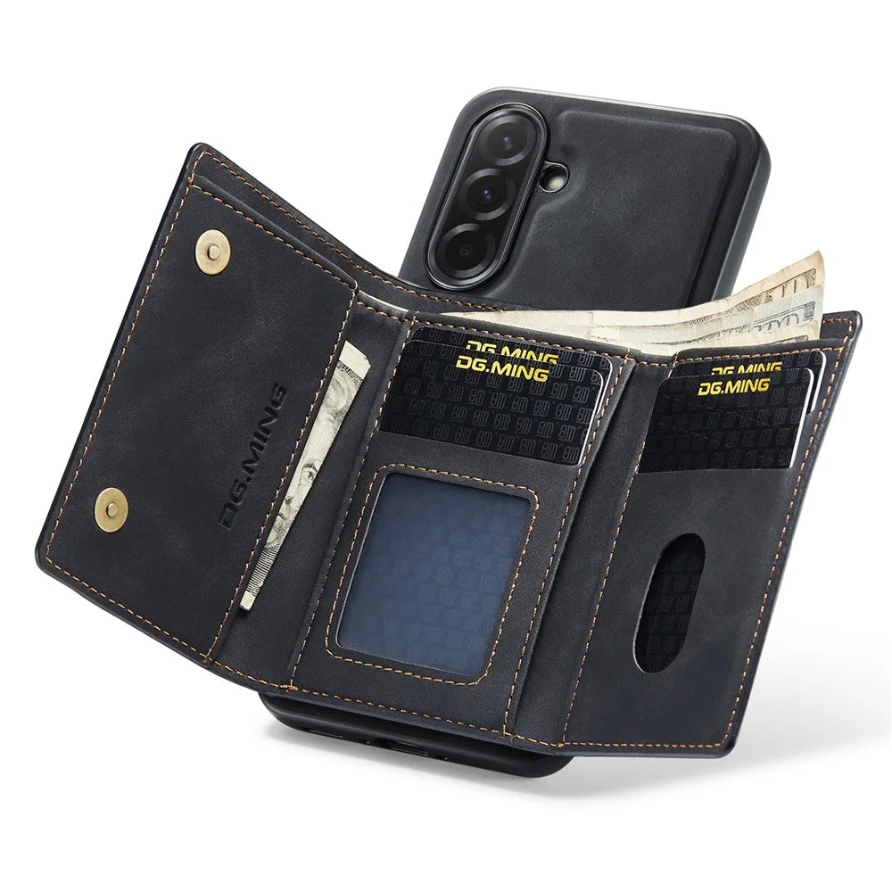 DG.MING M1 Series for Samsung Galaxy A57 5G Phone Case PU + TPU + PC Back Cover with Magnetic Tri-Fold Wallet Kickstand - Black - 3