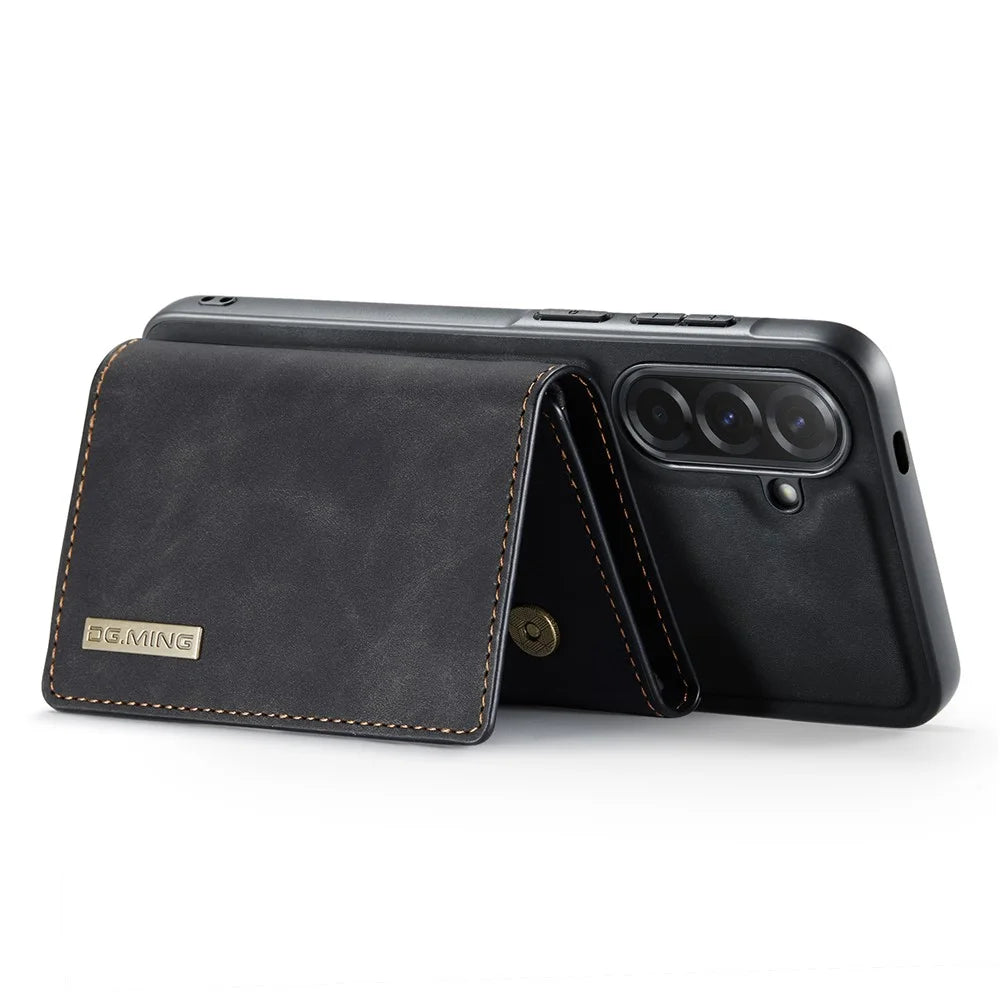 DG.MING M1 Series for Samsung Galaxy A57 5G Phone Case PU + TPU + PC Back Cover with Magnetic Tri-Fold Wallet Kickstand - Black - 5
