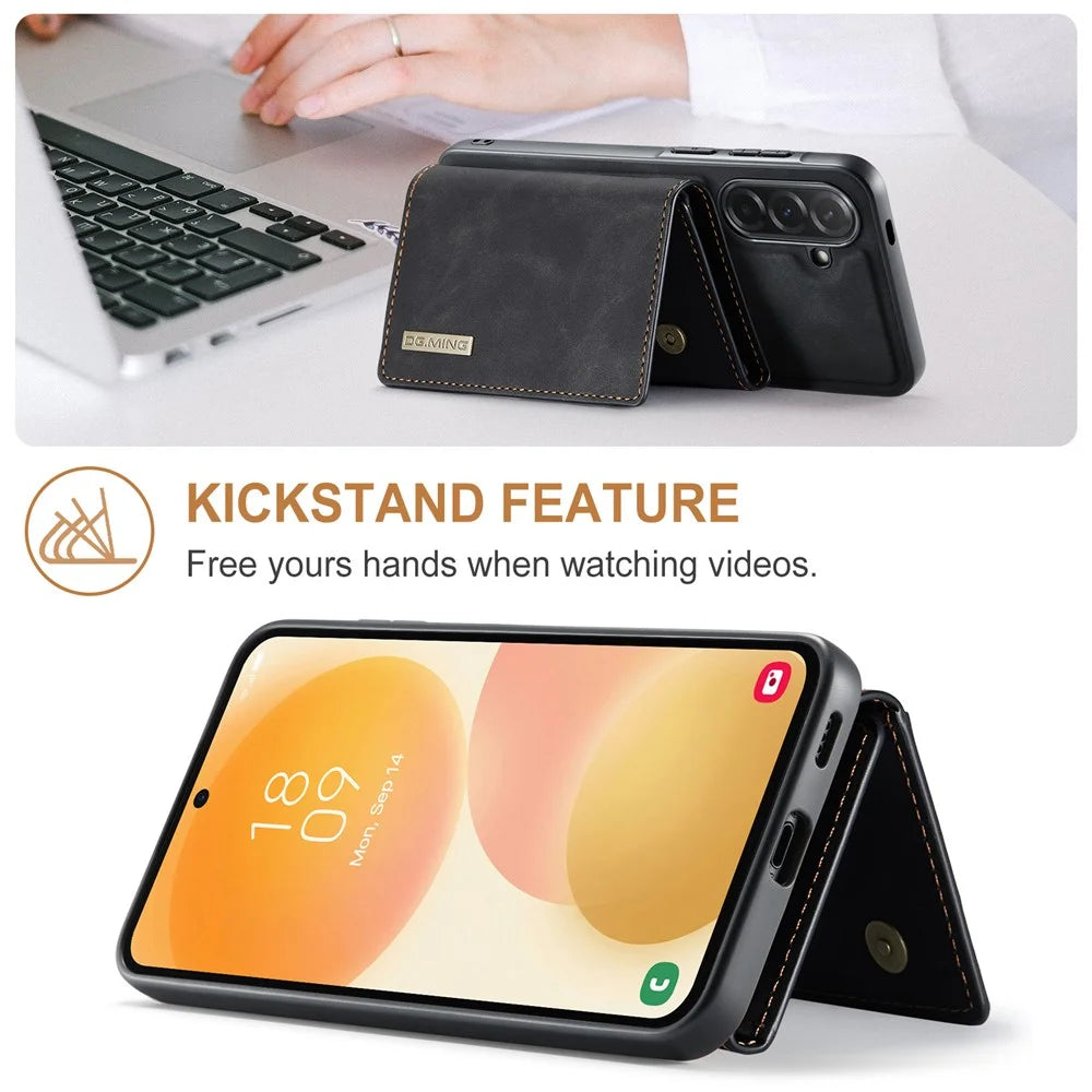 DG.MING M1 Series for Samsung Galaxy A57 5G Phone Case PU + TPU + PC Back Cover with Magnetic Tri-Fold Wallet Kickstand - Black - 6