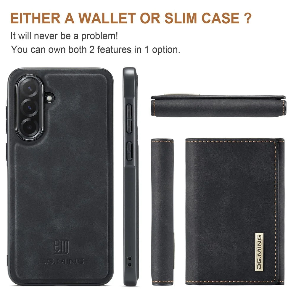 DG.MING M1 Series for Samsung Galaxy A57 5G Phone Case PU + TPU + PC Back Cover with Magnetic Tri-Fold Wallet Kickstand - Black - 7