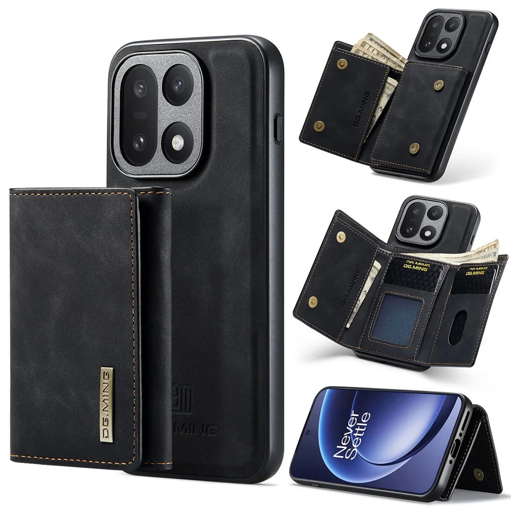 DG.MING M1 Series for OnePlus 15 5G Phone Case PU + TPU + PC Back Cover with Magnetic Tri-Fold Wallet Kickstand - Black - 1