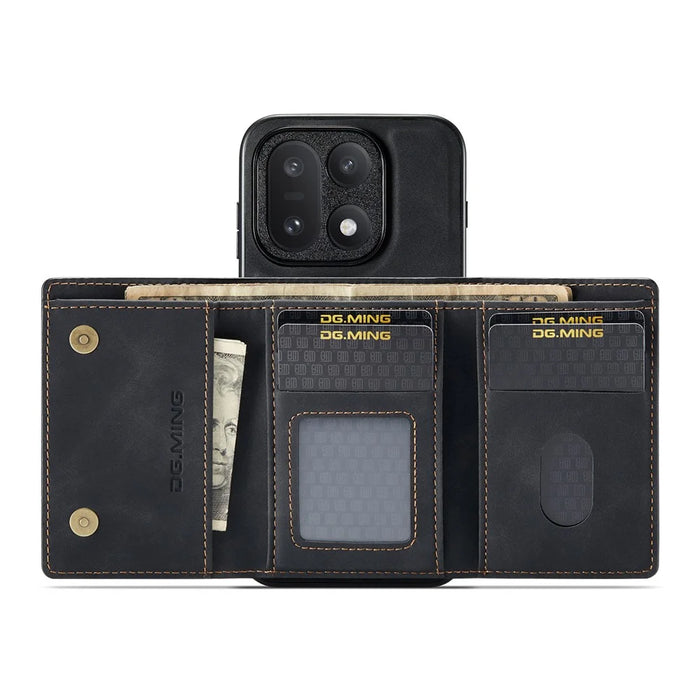 DG.MING M1 Series for OnePlus 15 5G Phone Case PU + TPU + PC Back Cover with Magnetic Tri-Fold Wallet Kickstand - Black - 2