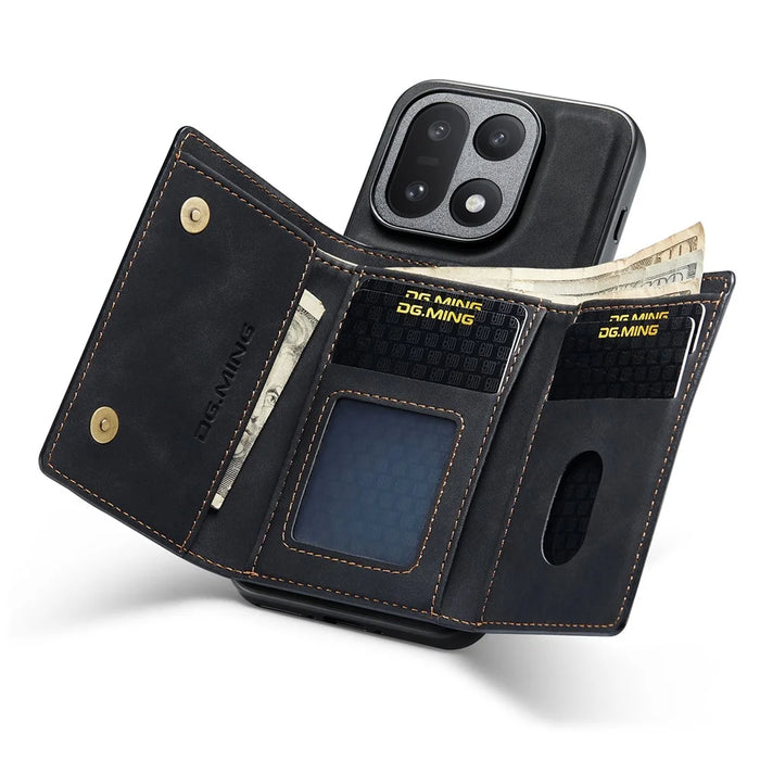 DG.MING M1 Series for OnePlus 15 5G Phone Case PU + TPU + PC Back Cover with Magnetic Tri-Fold Wallet Kickstand - Black - 3