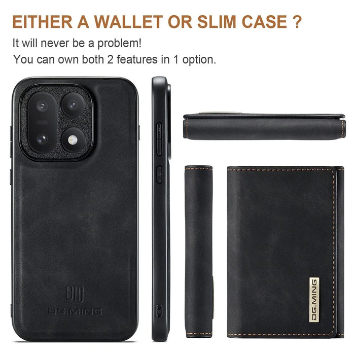 DG.MING M1 Series for OnePlus 15 5G Phone Case PU + TPU + PC Back Cover with Magnetic Tri-Fold Wallet Kickstand - Black - 6