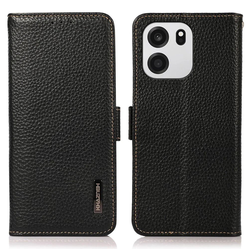 KHAZNEH for OnePlus Nord CE6 5G / Nord 6 5G / Turbo 6V 5G / Turbo 6 5G Phone Case Litchi Texture Genuine Cow Leather Cover RFID Blocking - Black - 1