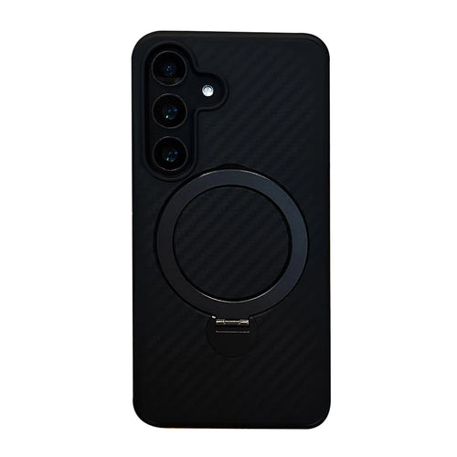 For Samsung Galaxy S26 Magnetic Case PC TPU Carbon Fiber Texture Rotating Kickstand Shockproof Phone Cover - Black - 1