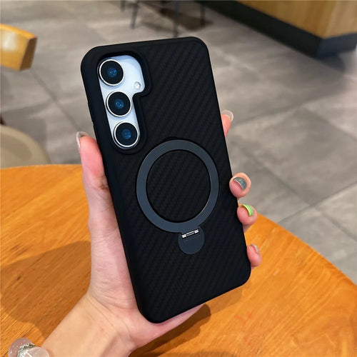 For Samsung Galaxy S25+ Magnetic Case PC TPU Carbon Fiber Texture Rotating Kickstand Shockproof Phone Cover - Black - 1