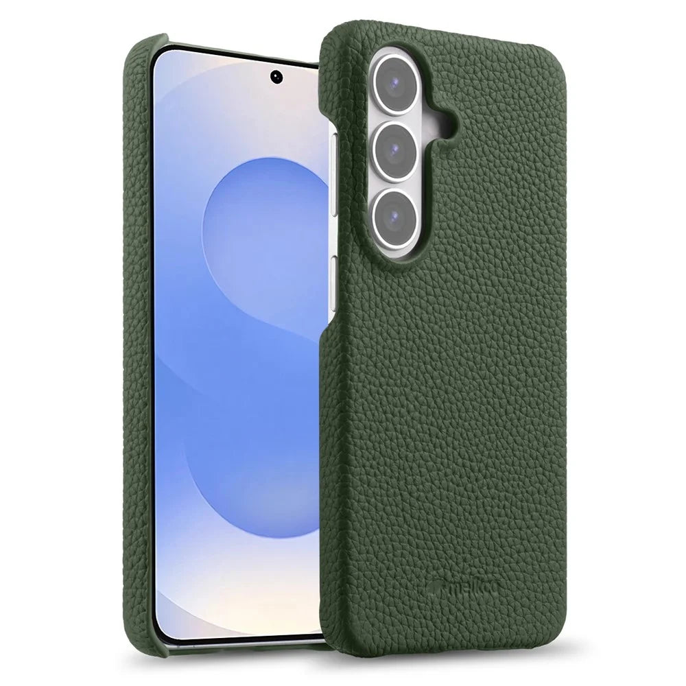 MELKCO For Samsung Galaxy S26+ Case Genuine Cow Leather PC Phone Cover Magnetic Case - Dark Green - 1