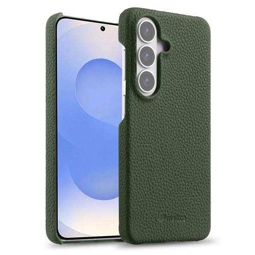 MELKCO For Samsung Galaxy S26+ Case Genuine Cow Leather PC Phone Cover Magnetic Case - Dark Green - 1