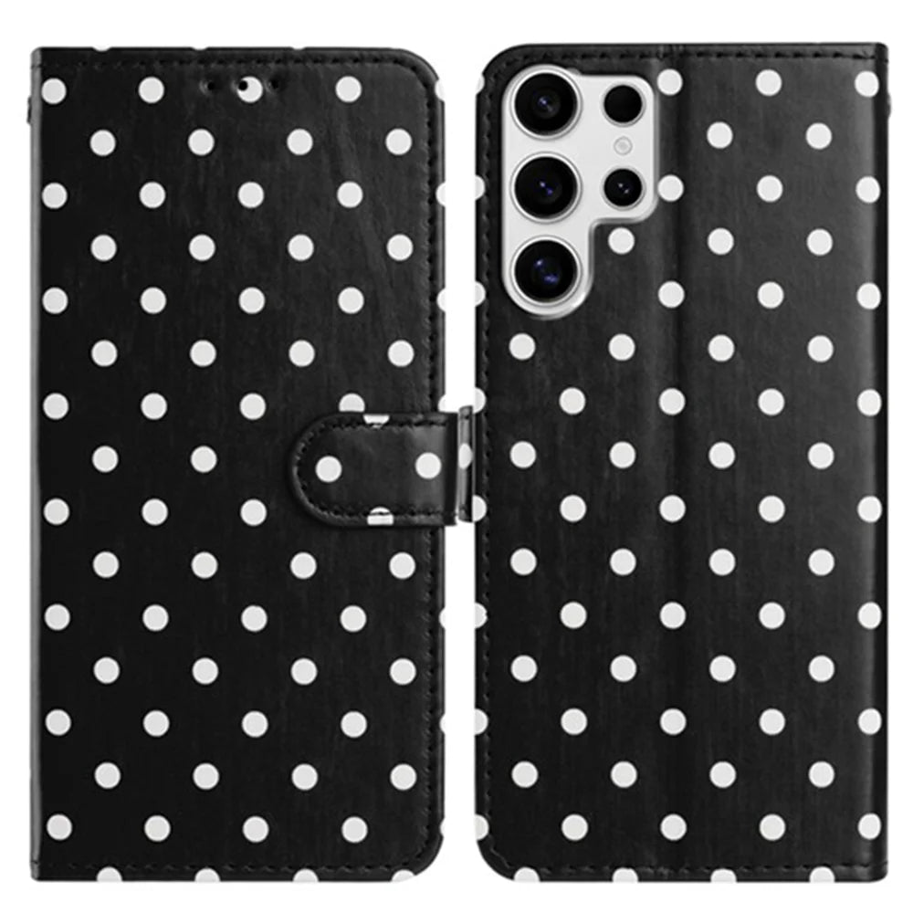 For Samsung Galaxy S24 Ultra Leather Case Polka Dot Pattern Wallet Stand Folio Phone Cover - Black - 1
