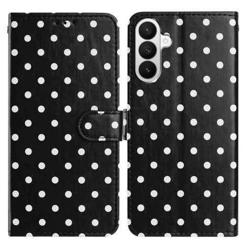 For Samsung Galaxy S26+ Leather Case Polka Dot Pattern Wallet Stand Folio Phone Cover - Black - 1