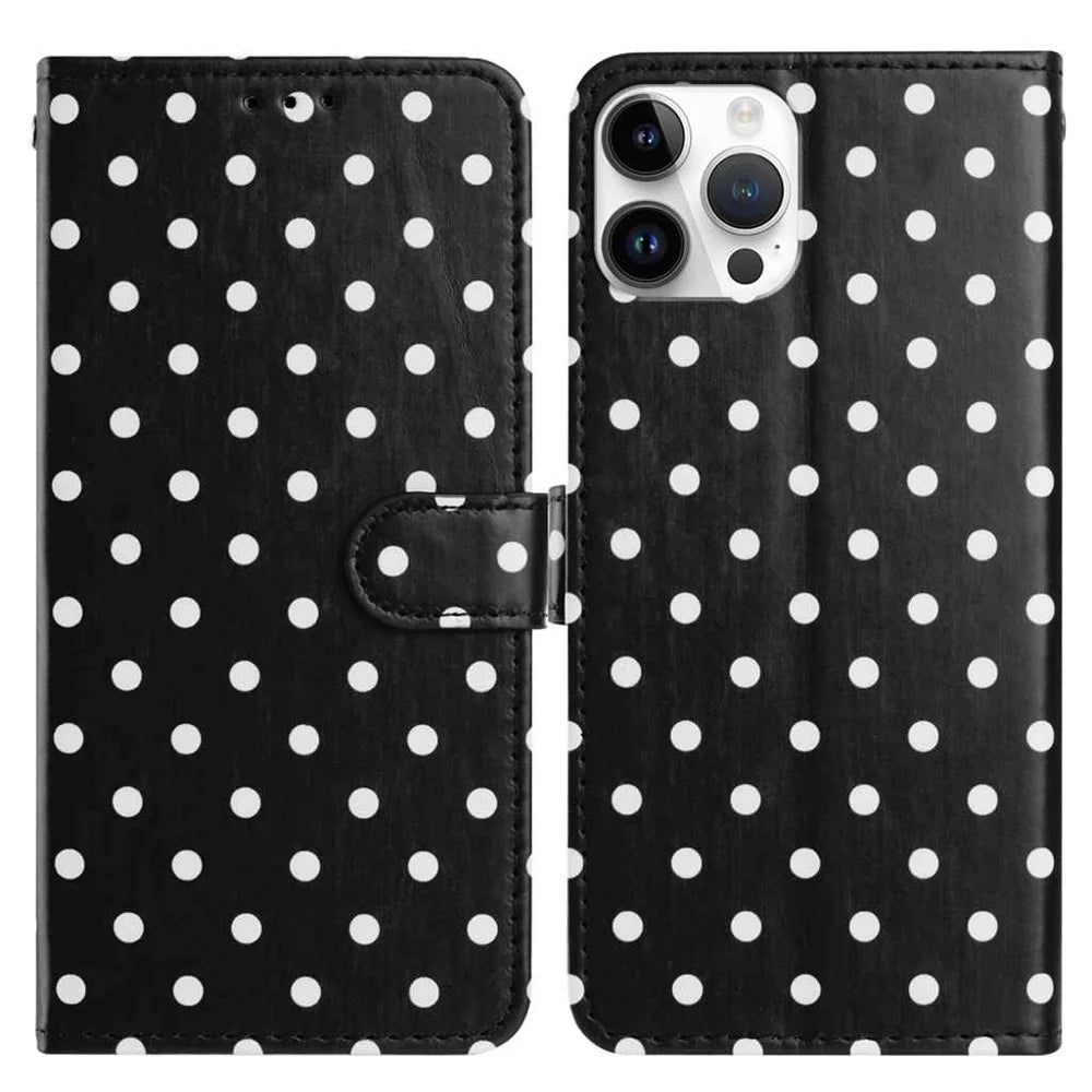 For iPhone 14 Pro Max Leather Case Polka Dot Pattern Wallet Stand Folio Phone Cover - Black - 1