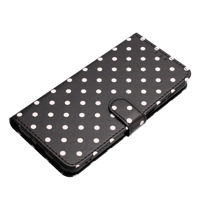 For iPhone 14 Pro Leather Case Polka Dot Pattern Wallet Stand Folio Phone Cover - Black - 5