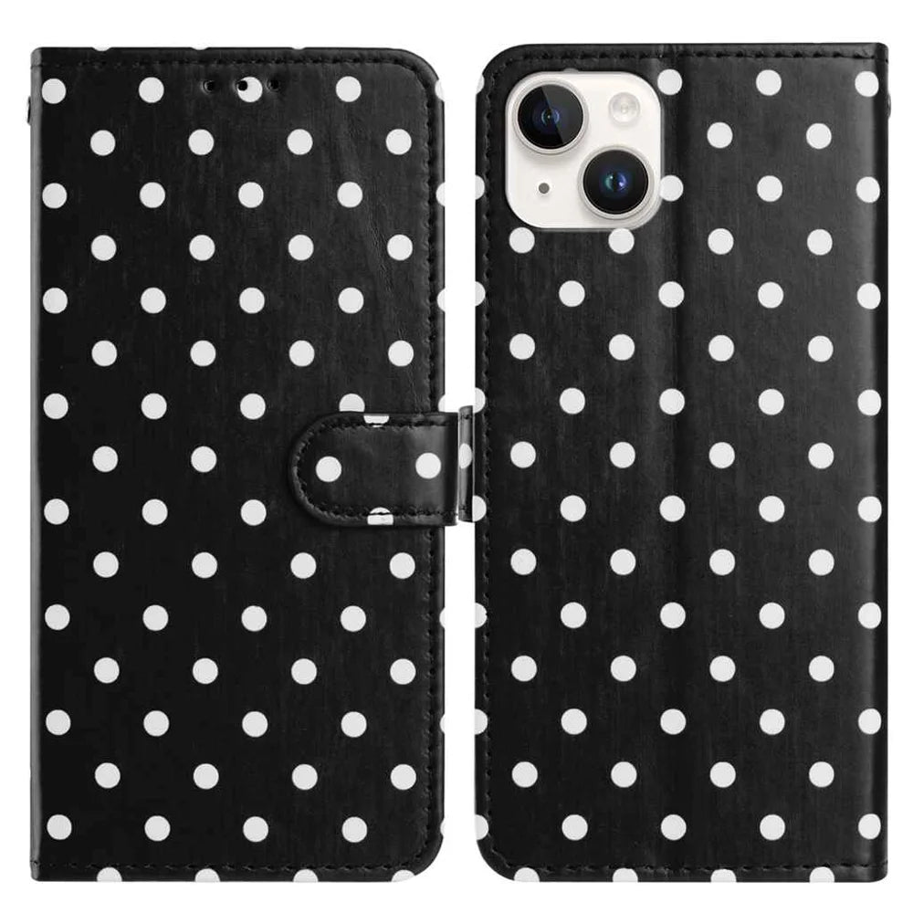 For iPhone 13 mini Leather Case Polka Dot Pattern Wallet Stand Folio Phone Cover - Black - 1