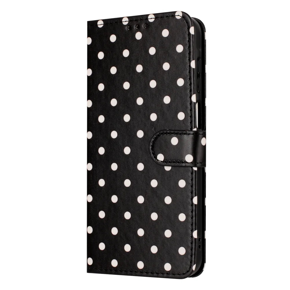 For iPhone 13 mini Leather Case Polka Dot Pattern Wallet Stand Folio Phone Cover - Black - 4
