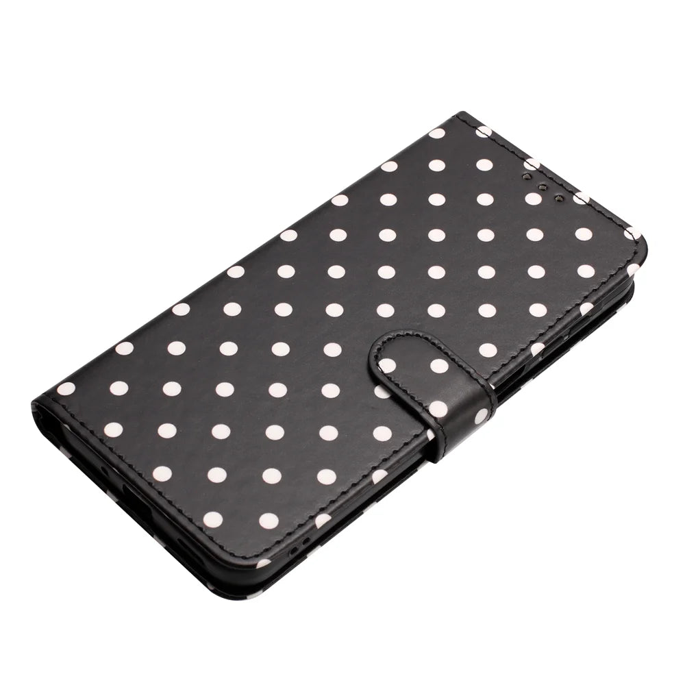 For iPhone 13 mini Leather Case Polka Dot Pattern Wallet Stand Folio Phone Cover - Black - 6
