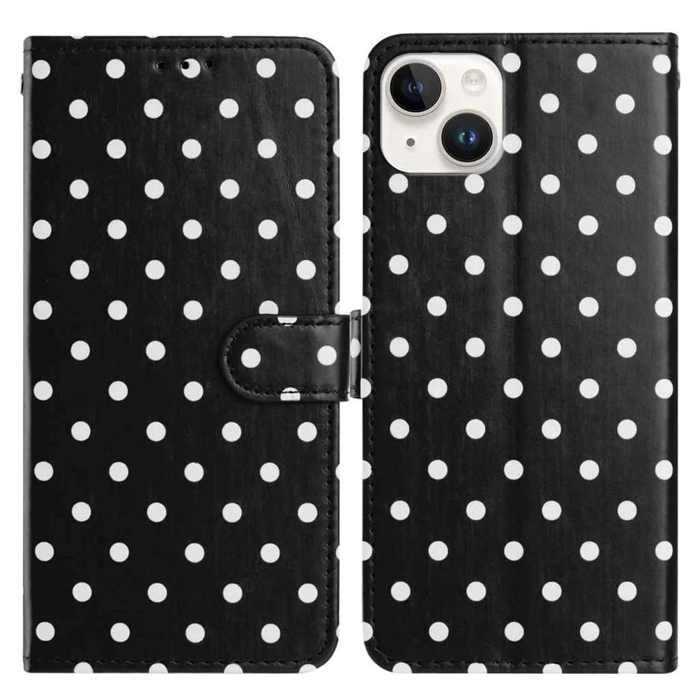 For iPhone 13 Leather Case Polka Dot Pattern Wallet Stand Folio Phone Cover - Black - 1