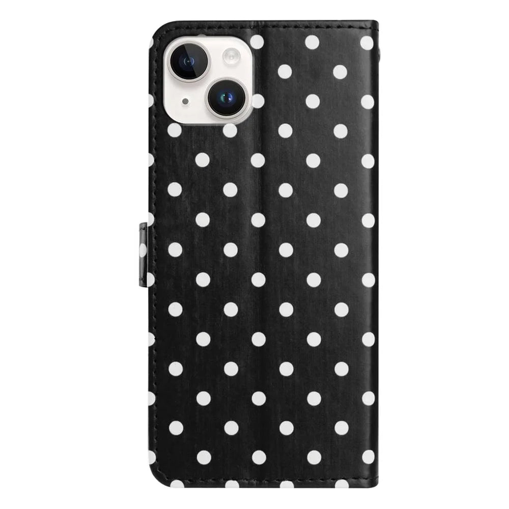 For iPhone 13 Leather Case Polka Dot Pattern Wallet Stand Folio Phone Cover - Black - 2