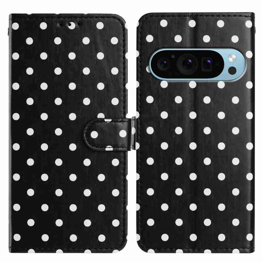 For Google Pixel 10 / Google Pixel 9 Pro / Google Pixel 9 / Google Pixel 10 Pro Leather Case Polka Dot Pattern Wallet Stand Folio Phone Cover - Black - 1