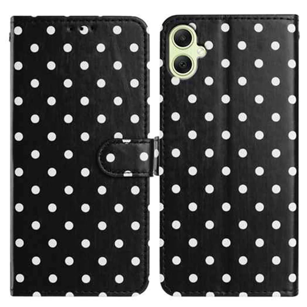 For Samsung Galaxy A08 5G / A08 4G / A07 4G / A06 4G / A06 5G Leather Case Polka Dot Pattern Wallet Stand Folio Phone Cover - Black - 1