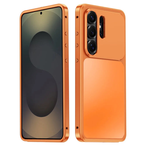 For Samsung Galaxy S25 Ultra Magnetic Case Metal Frame PC Back Phone Cover with Pop-Up Buckle - Orange - 1