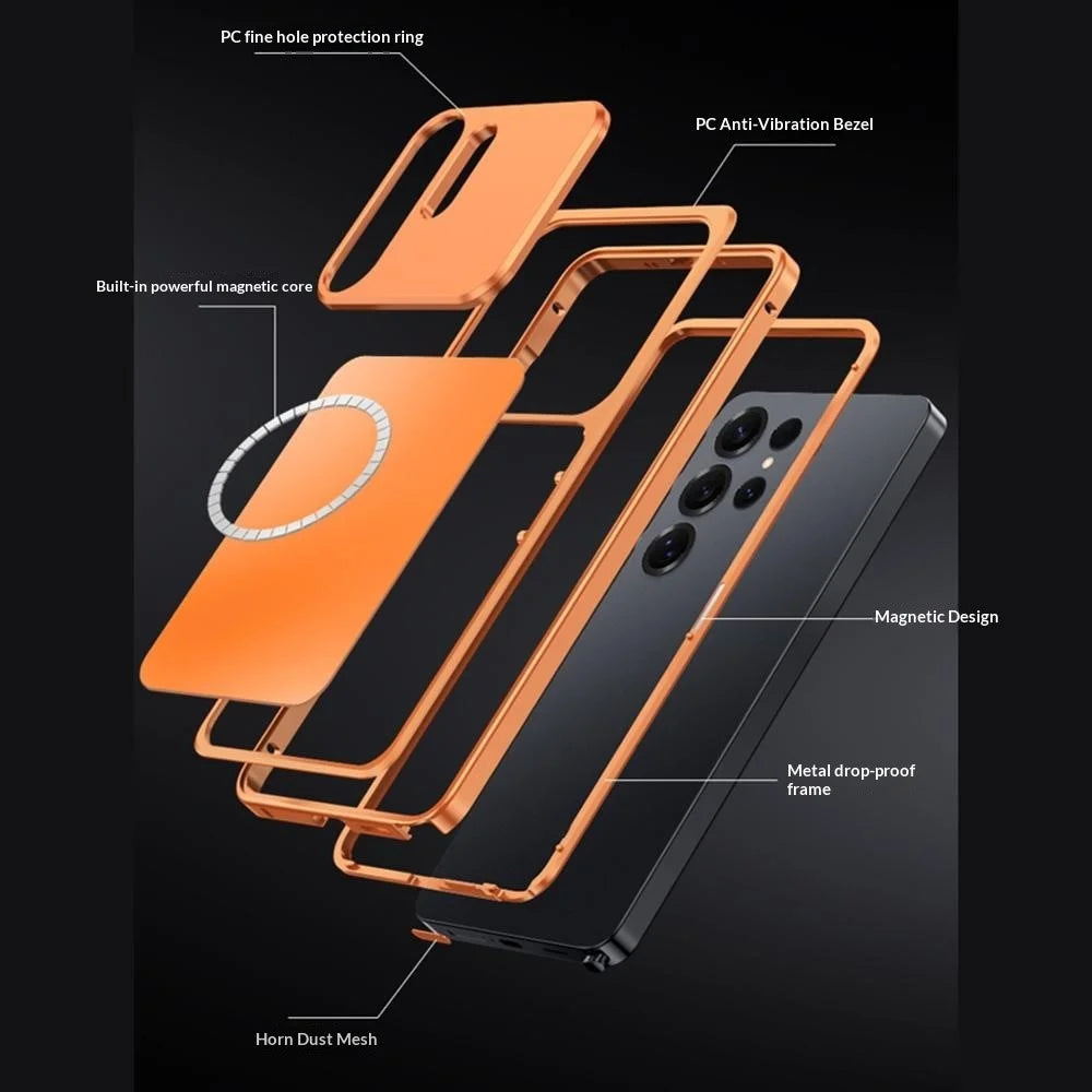 For Samsung Galaxy S25 Ultra Magnetic Case Metal Frame PC Back Phone Cover with Pop-Up Buckle - Orange - 2