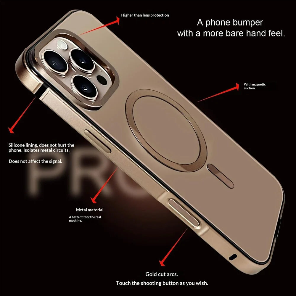 For iPhone 16 Pro Max Aluminum Alloy Magnetic Case Compatible with MagSafe Shockproof Phone Cover - Desert Gold - 3