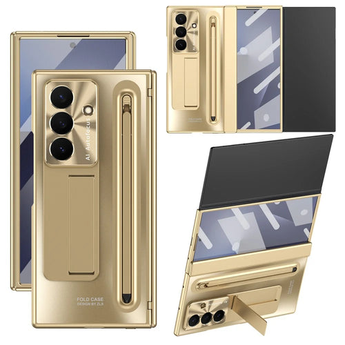 For Samsung Galaxy Z TriFold 5G Case Kickstand Hinge PC Phone Cover with Tempered Glass Film, Stylus - Gold - 1