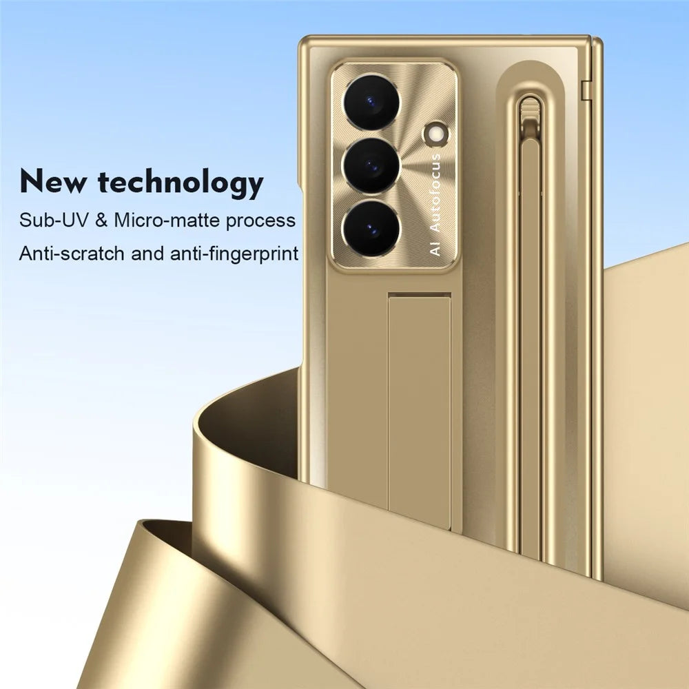 For Samsung Galaxy Z TriFold 5G Case Kickstand Hinge PC Phone Cover with Tempered Glass Film, Stylus - Gold - 2