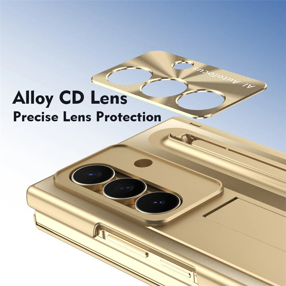 For Samsung Galaxy Z TriFold 5G Case Kickstand Hinge PC Phone Cover with Tempered Glass Film, Stylus - Gold - 3