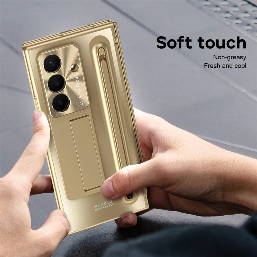 For Samsung Galaxy Z TriFold 5G Case Kickstand Hinge PC Phone Cover with Tempered Glass Film, Stylus - Gold - 4