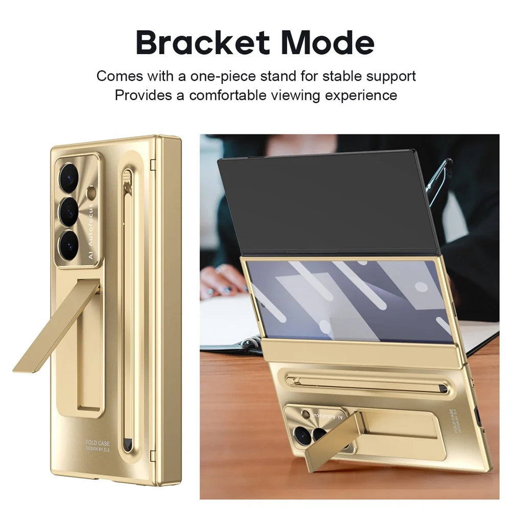 For Samsung Galaxy Z TriFold 5G Case Kickstand Hinge PC Phone Cover with Tempered Glass Film, Stylus - Gold - 5