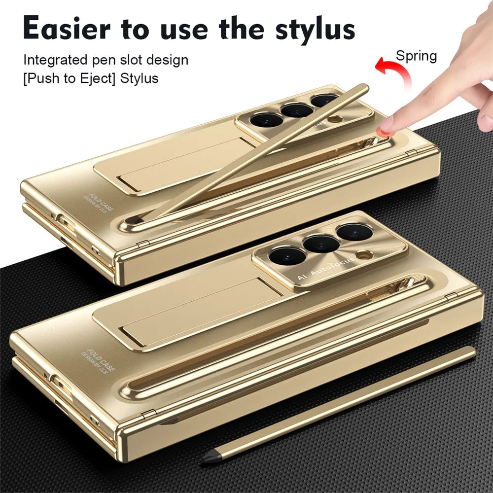 For Samsung Galaxy Z TriFold 5G Case Kickstand Hinge PC Phone Cover with Tempered Glass Film, Stylus - Gold - 6