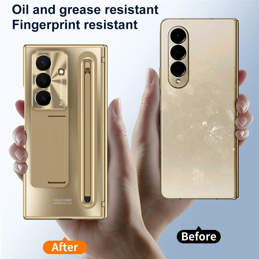 For Samsung Galaxy Z TriFold 5G Case Kickstand Hinge PC Phone Cover with Tempered Glass Film, Stylus - Gold - 7