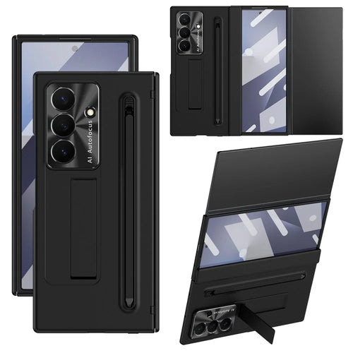 For Samsung Galaxy Z TriFold 5G Case Kickstand PC Cell Phone Cover with Tempered Glass Film and Stylus Pen - Black - 1