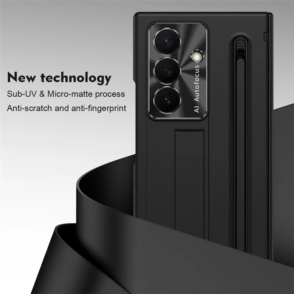 For Samsung Galaxy Z TriFold 5G Case Kickstand PC Cell Phone Cover with Tempered Glass Film and Stylus Pen - Black - 2