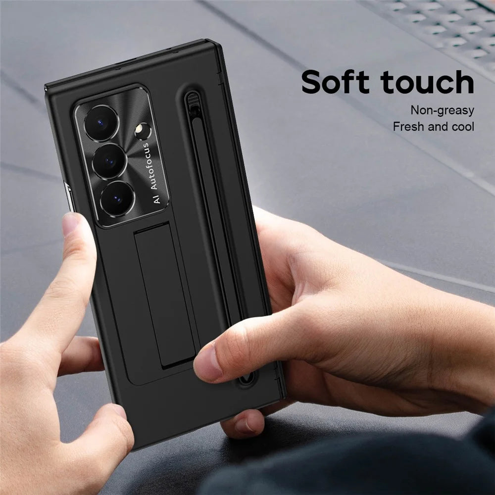 For Samsung Galaxy Z TriFold 5G Case Kickstand PC Cell Phone Cover with Tempered Glass Film and Stylus Pen - Black - 4