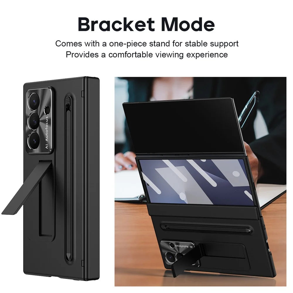 For Samsung Galaxy Z TriFold 5G Case Kickstand PC Cell Phone Cover with Tempered Glass Film and Stylus Pen - Black - 5