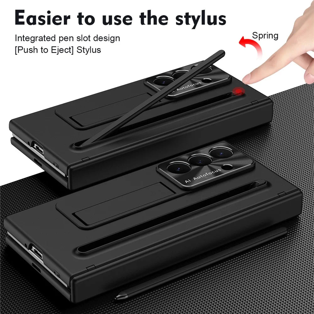 For Samsung Galaxy Z TriFold 5G Case Kickstand PC Cell Phone Cover with Tempered Glass Film and Stylus Pen - Black - 6