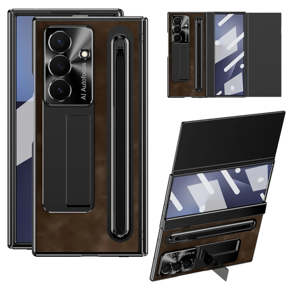 For Samsung Galaxy Z TriFold 5G Case Retro Leather + PC Kickstand Phone Cover with Tempered Glass Film and Stylus - Coffee - 1