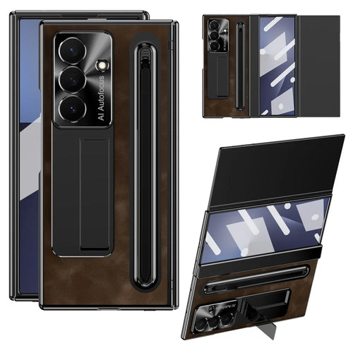 For Samsung Galaxy Z TriFold 5G Case Retro Leather + PC Kickstand Phone Cover with Tempered Glass Film and Stylus - Coffee - 1