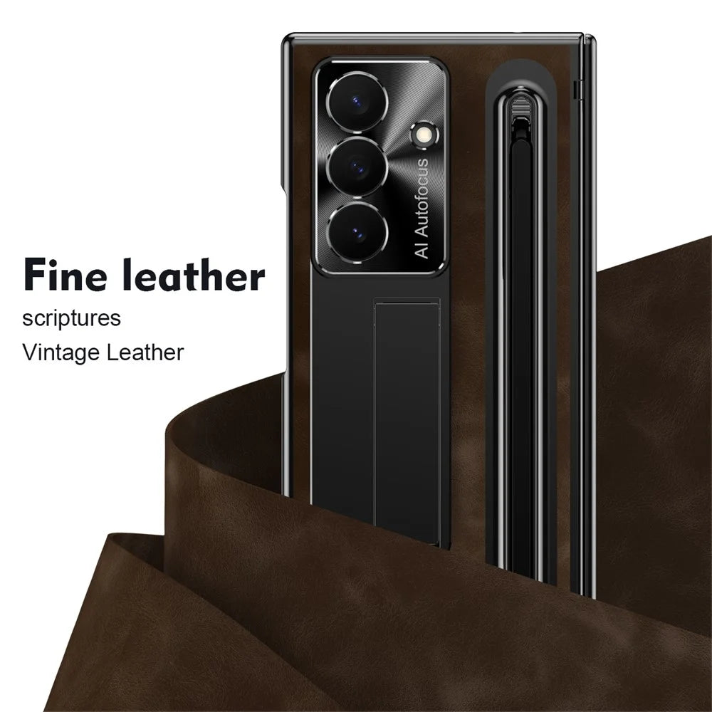 For Samsung Galaxy Z TriFold 5G Case Retro Leather + PC Kickstand Phone Cover with Tempered Glass Film and Stylus - Coffee - 2